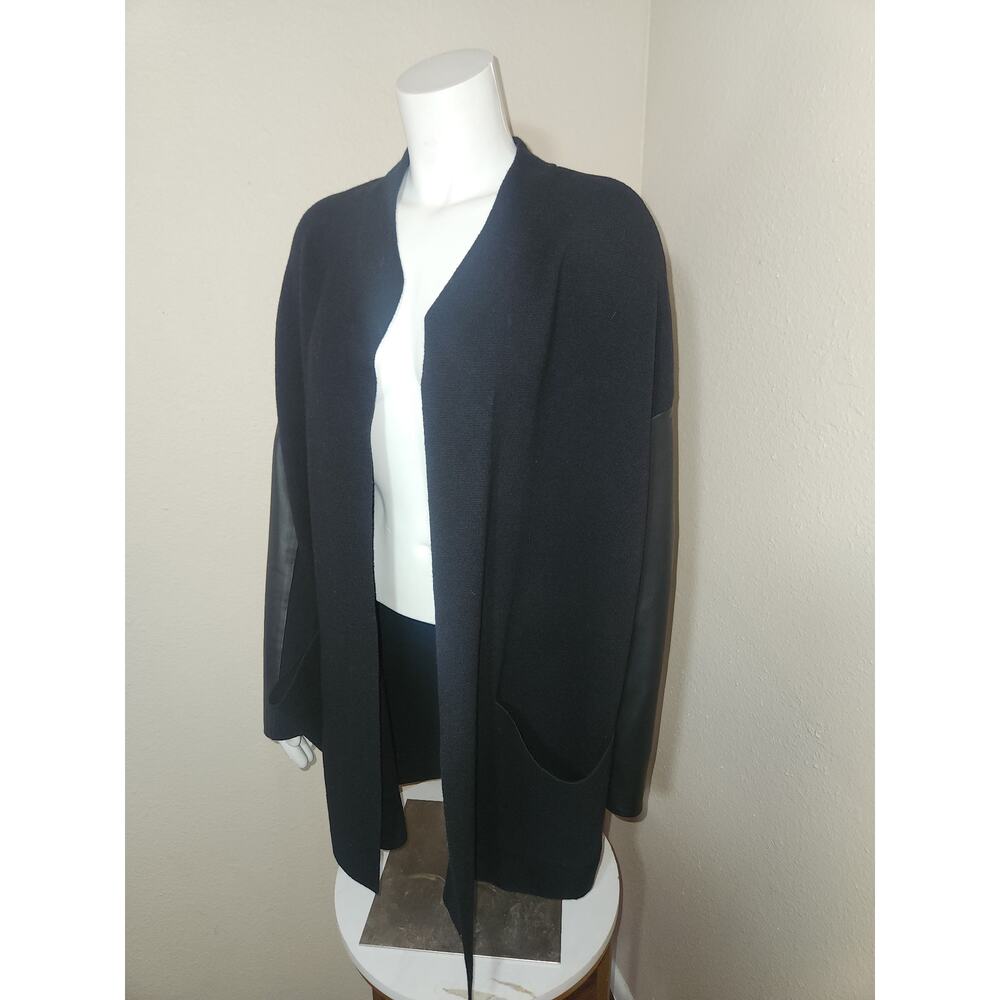 The White Company White Label Black Drapy Wool Cardigan 100% Leather Trim, 8